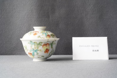 A Chinese famille rose 'balsam pear' bowl and cover, Jiaqing mark, Republic