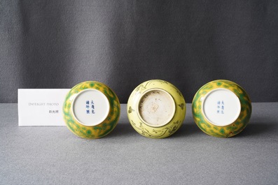 Three Chinese yellow-ground saucer dishes, 19/20th C.