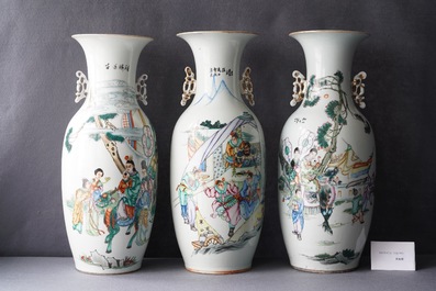 Three Chinese famille rose vases with narrative scenes, 19/20th C.