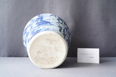 A Chinese blue and white vase with figures in an interior, Kangxi