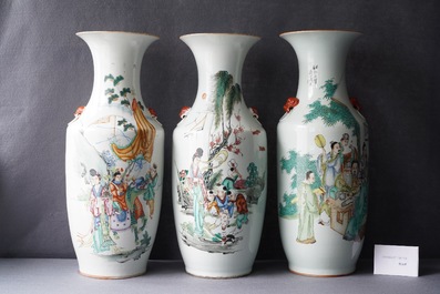 Three Chinese famille rose vases with narrative scenes, 19/20th C.