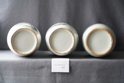 Three Chinese famille rose vases with narrative scenes, 19/20th C.