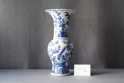 A Chinese blue and white yenyen vase with a bird among foliage, Kangxi