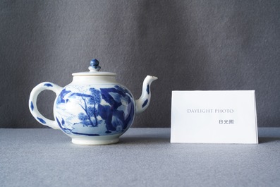 A Chinese blue and white 'landscape' teapot and cover, Kangxi