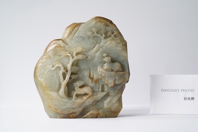 A Chinese celadon and russet jade mountain landscape with deer and cranes, Qing