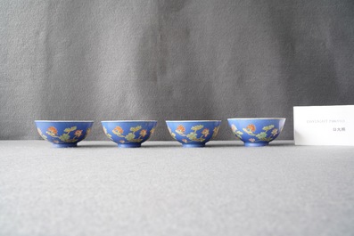 Four Chinese blue-ground bowls with floral designs, Yongzheng mark, Republic