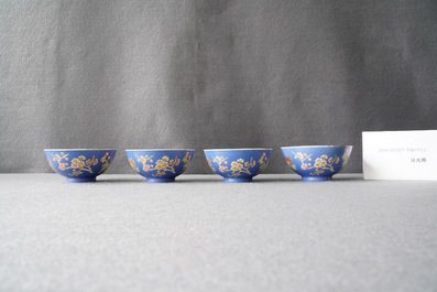 Four Chinese blue-ground bowls with floral designs, Yongzheng mark, Republic
