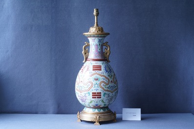 A Chinese gilt bronze lamp-mounted famille rose 'trigrams' vase, Yongzheng mark, Republic