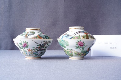 Four Chinese Canton famille rose plates and two covered bowls, 19th C.