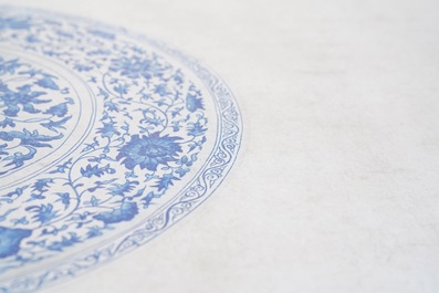 Chinese school, colour on paper, 19th C.: 'A blue and white porcelain Yuan period dish'