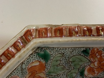 Three Chinese famille verte octagonal dishes, Kangxi