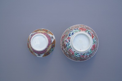 Two Chinese famille rose cups and saucers, Yongzheng