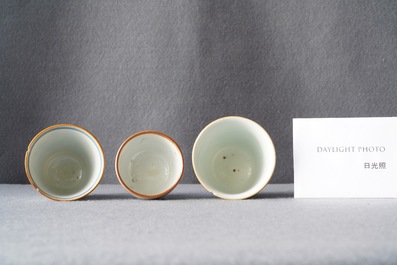 Two Chinese blue and white wine cups and a stem cup, Transitional period