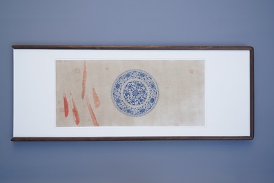 Chinese school, colour on paper, 19th C.: 'A blue and white porcelain Yuan period dish'