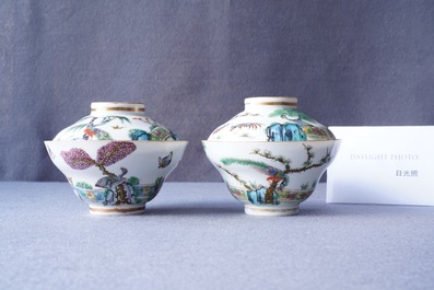 Four Chinese Canton famille rose plates and two covered bowls, 19th C.
