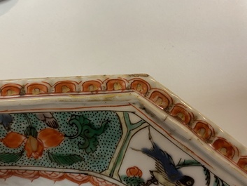 Three Chinese famille verte octagonal dishes, Kangxi