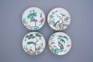 Four Chinese Canton famille rose plates and two covered bowls, 19th C.