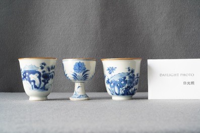 Two Chinese blue and white wine cups and a stem cup, Transitional period