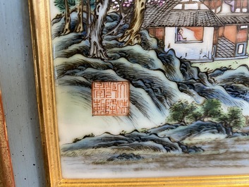 A Chinese rectangular famille rose 'landscape' plaque, Qianlong mark, 19/20th C.