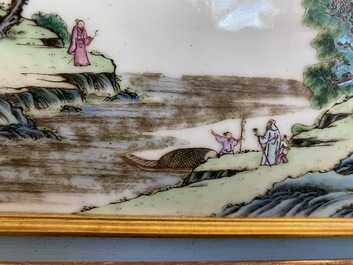 A Chinese rectangular famille rose 'landscape' plaque, Qianlong mark, 19/20th C.