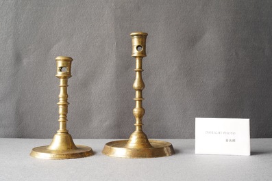 Two Flemish or Dutch knotted bronze candlesticks, 16th C.