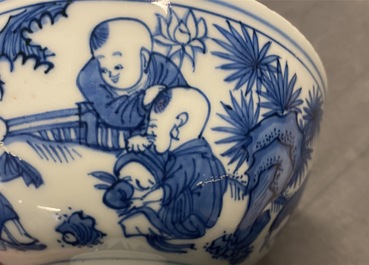 A Chinese blue and white 'playing boys' stem cup, Wanli