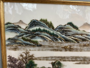 A Chinese rectangular famille rose 'landscape' plaque, Qianlong mark, 19/20th C.