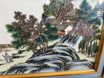 A Chinese rectangular famille rose 'landscape' plaque, Qianlong mark, 19/20th C.