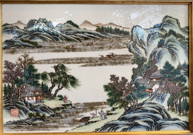 A Chinese rectangular famille rose 'landscape' plaque, Qianlong mark, 19/20th C.