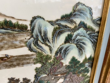 A Chinese rectangular famille rose 'landscape' plaque, Qianlong mark, 19/20th C.
