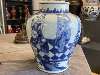 A Chinese blue and white vase with figures in an interior, Kangxi