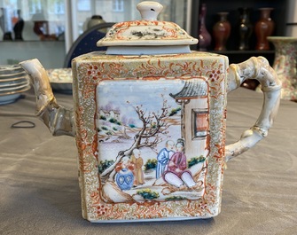 A Chinese famille rose rectangular 'Mandarin' teapot and cover, Qianlong