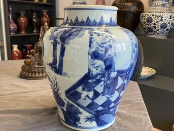 A Chinese blue and white vase with figures in an interior, Kangxi