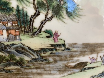 A Chinese rectangular famille rose 'landscape' plaque, Qianlong mark, 19/20th C.