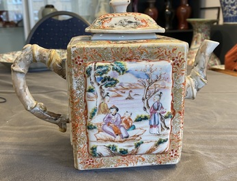 A Chinese famille rose rectangular 'Mandarin' teapot and cover, Qianlong