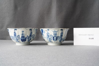 A pair of Chinese blue and white 'Long Eliza' bowls, Chenghua mark, Kangxi