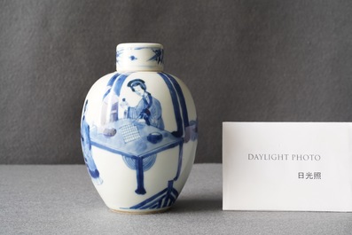 A Chinese blue and white covered tea caddy, Kangxi