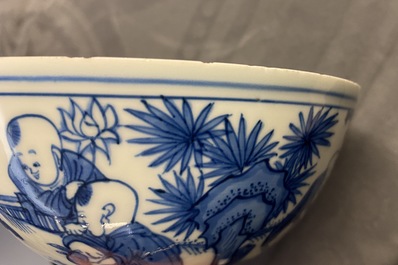 A Chinese blue and white 'playing boys' stem cup, Wanli