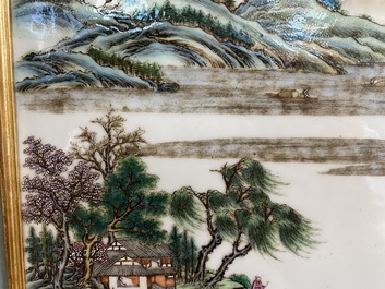 A Chinese rectangular famille rose 'landscape' plaque, Qianlong mark, 19/20th C.
