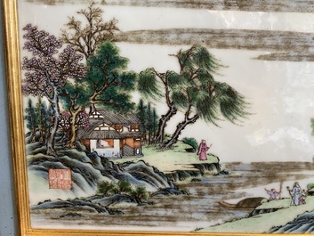 A Chinese rectangular famille rose 'landscape' plaque, Qianlong mark, 19/20th C.