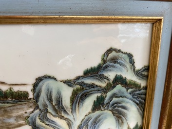 A Chinese rectangular famille rose 'landscape' plaque, Qianlong mark, 19/20th C.