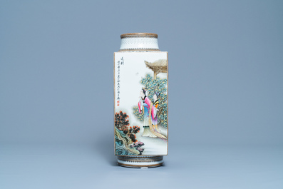 A Chinese famille rose cong vase, signed Zhang Songmao, dated 2002