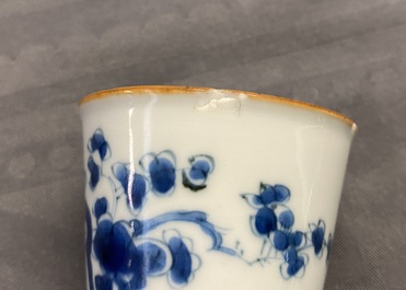 Two Chinese blue and white wine cups and a stem cup, Transitional period