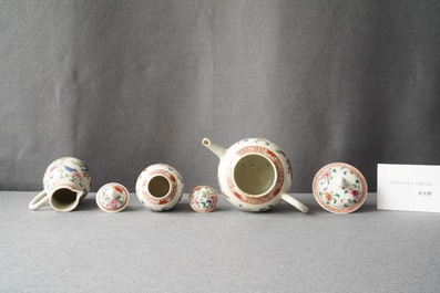 A Chinese famille rose teapot, tea caddy, milk jug and tray, Qianlong