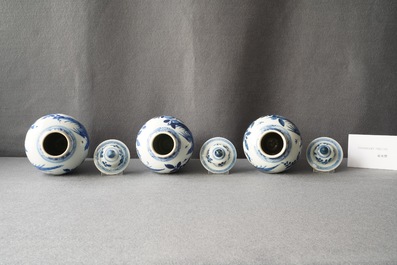 A Chinese blue and white five-piece garniture, Kangxi