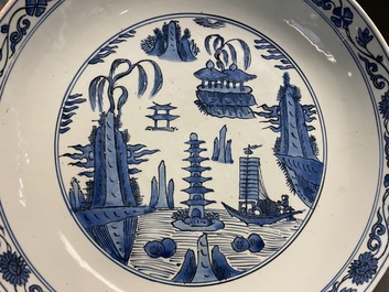 A large Chinese blue and white dish with a landscape with pagoda, Jiajing