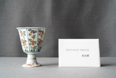 A Chinese octagonal famille verte stem cup, Kangxi