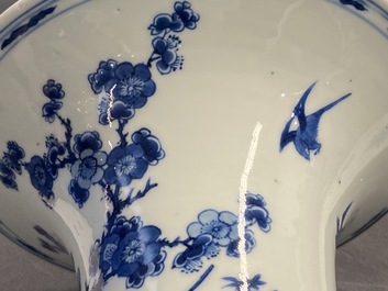 A Chinese blue and white yenyen vase with a bird among foliage, Kangxi