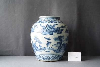 A Chinese blue and white vase with boats in a mountainous landscape, Ming
