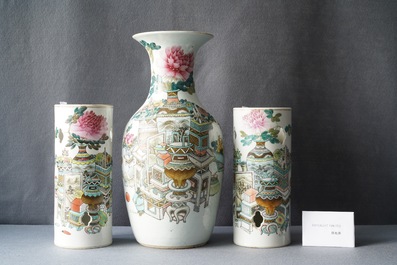 Two Chinese qianjiang cai hat stands and a vase with antiquities, 19/20th C.